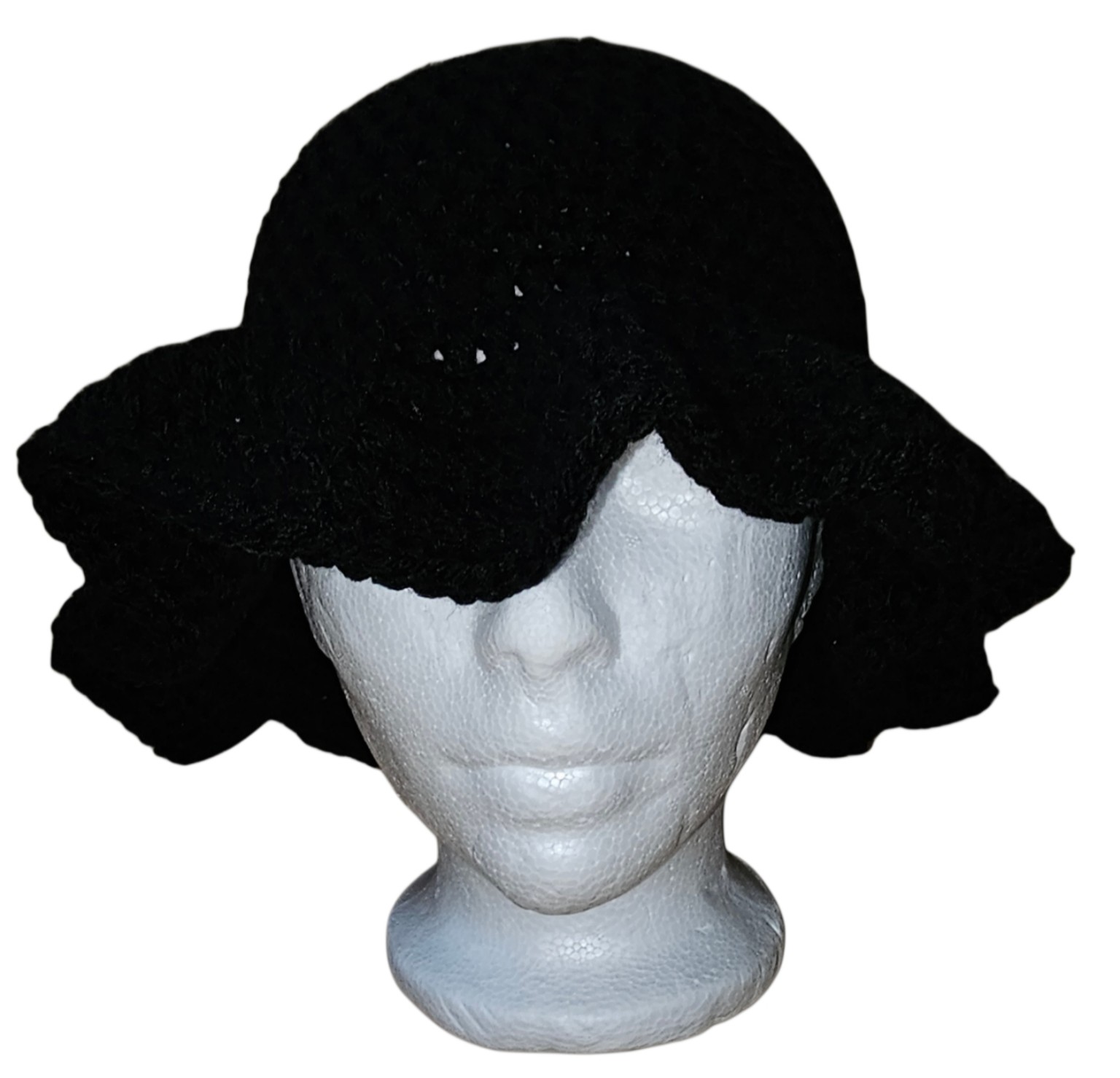 Black crochet hat displayed front-facing on a mannequin against a white background