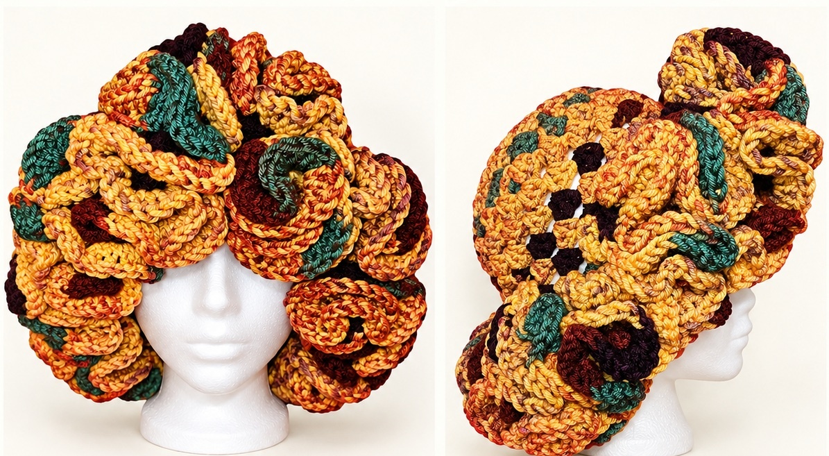 Carmen in Autumn statement hat, front and side views