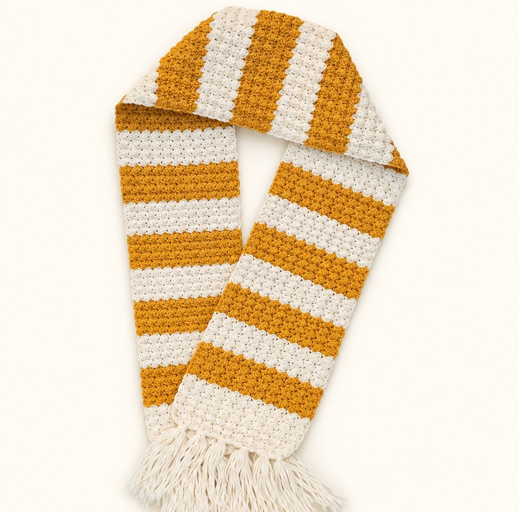 Golden Stripe scarf in golden mustard and cream with fringe