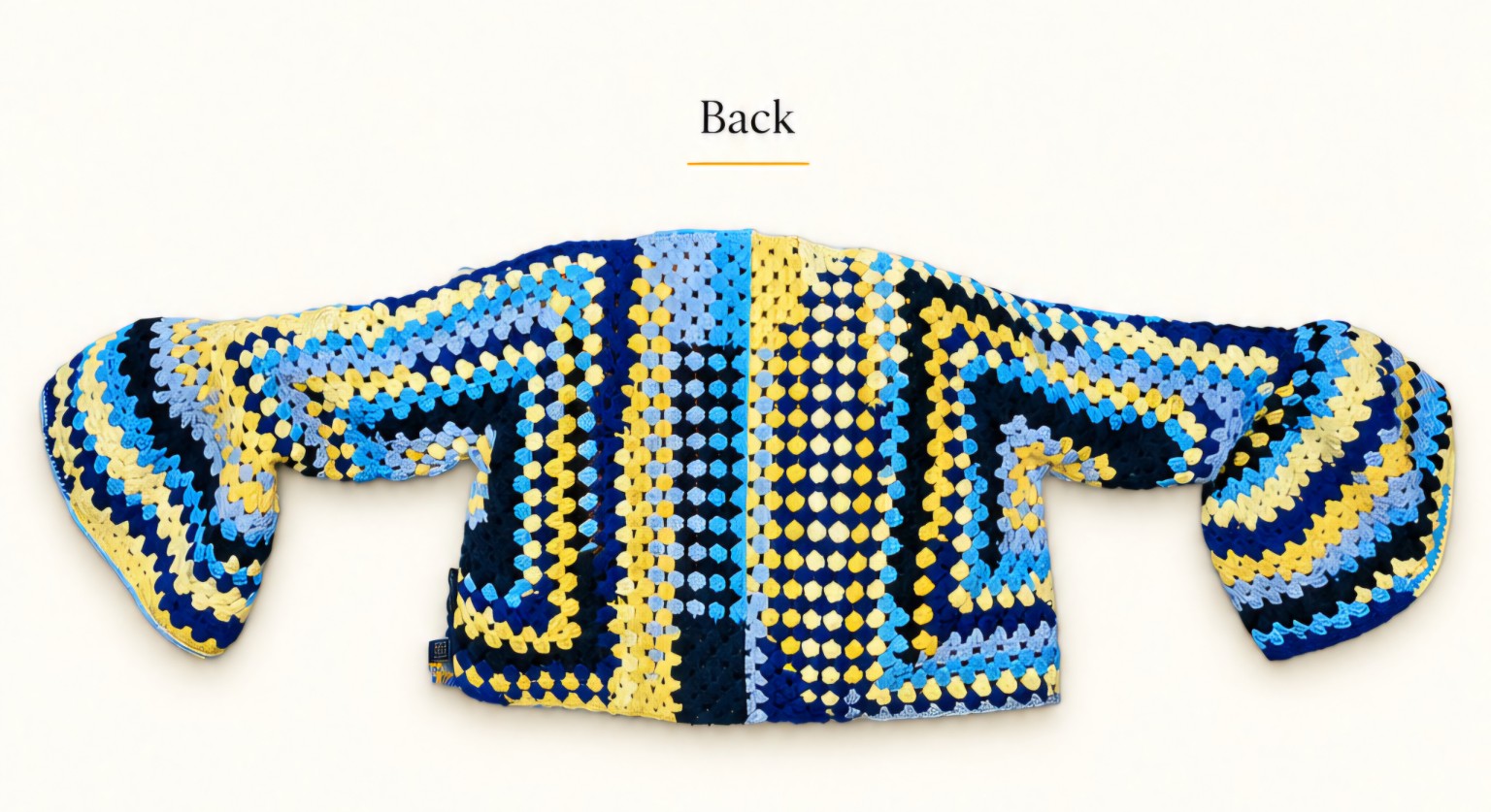 Janis in Seaside Skies cardigan, back view