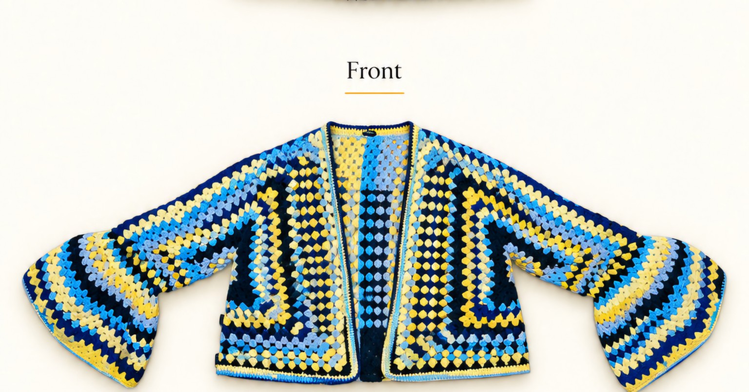 Janis in Seaside Skies cardigan, front view