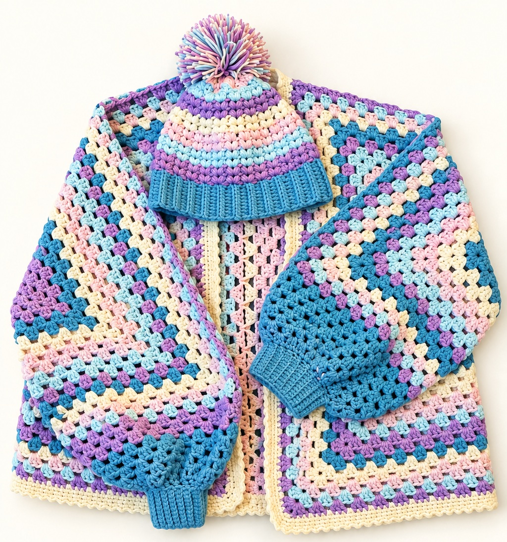 Sandy in Pastel Dreams cardigan and coordinating pom-pom hat