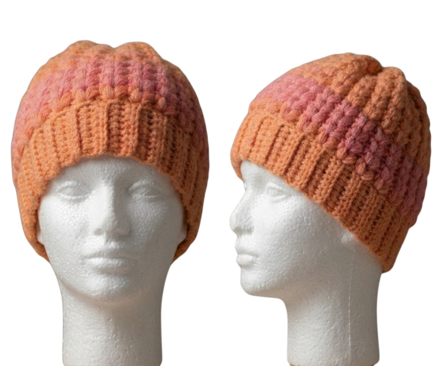 Sherbert textured crochet beanie shown from front and side views